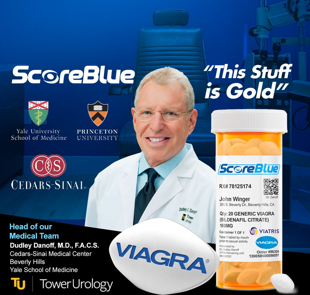 Headshot of Dudley Danoff, M.D., F.A.C.S., head of ScoreBlue medical team next to Viagra pill and ScoreBlue Product Bottle